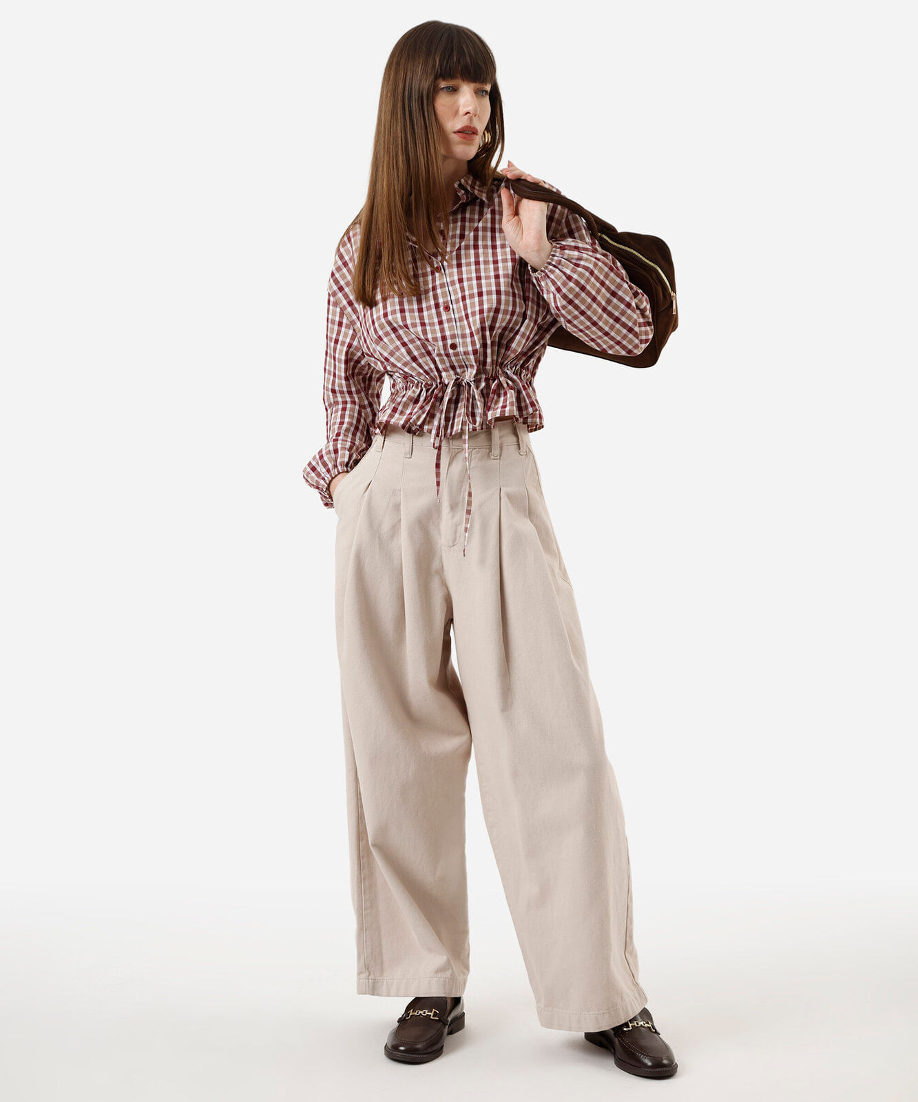 camisa feminina com amarração manga longa xadrez colorida