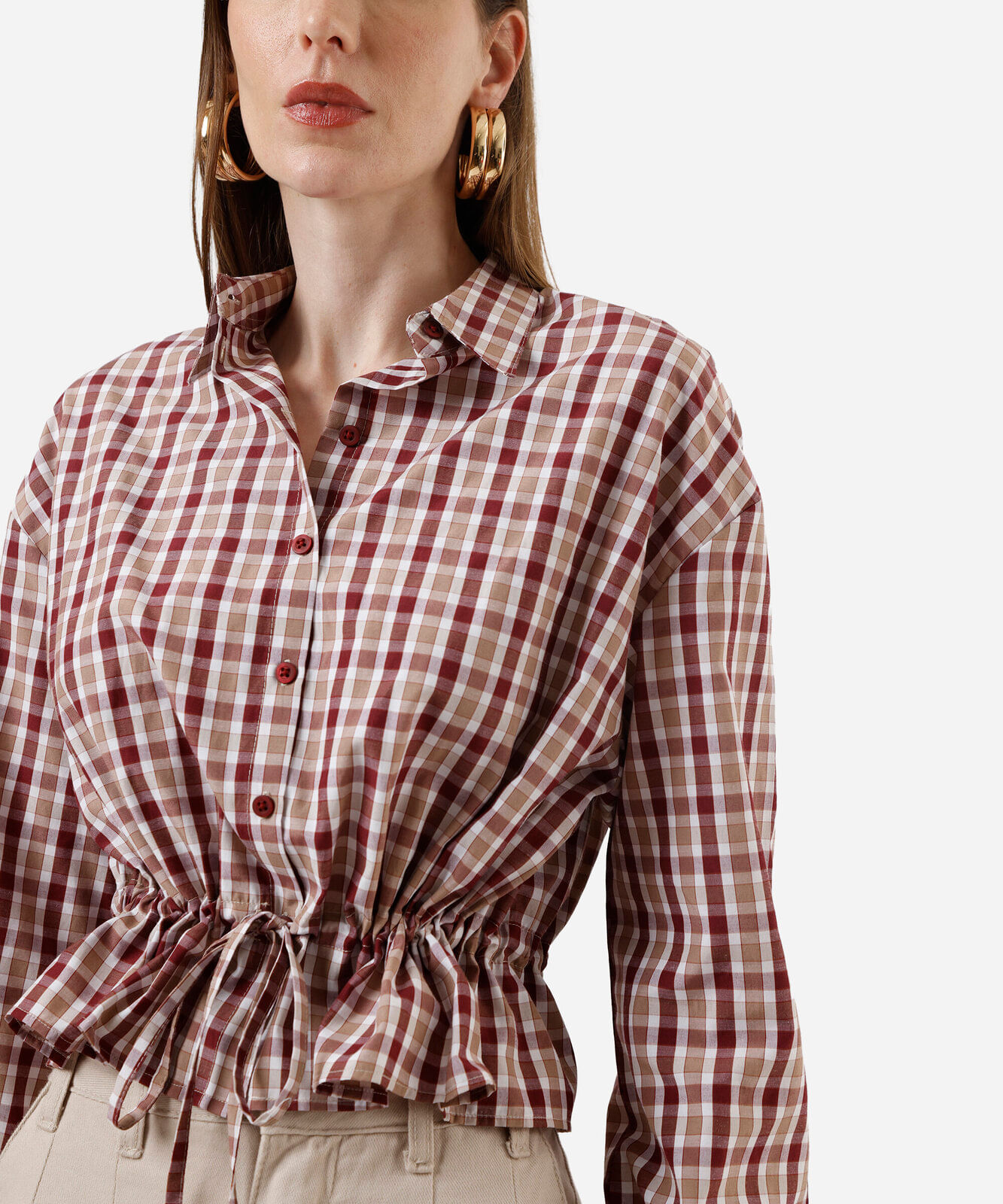 camisa feminina com amarração manga longa xadrez colorida