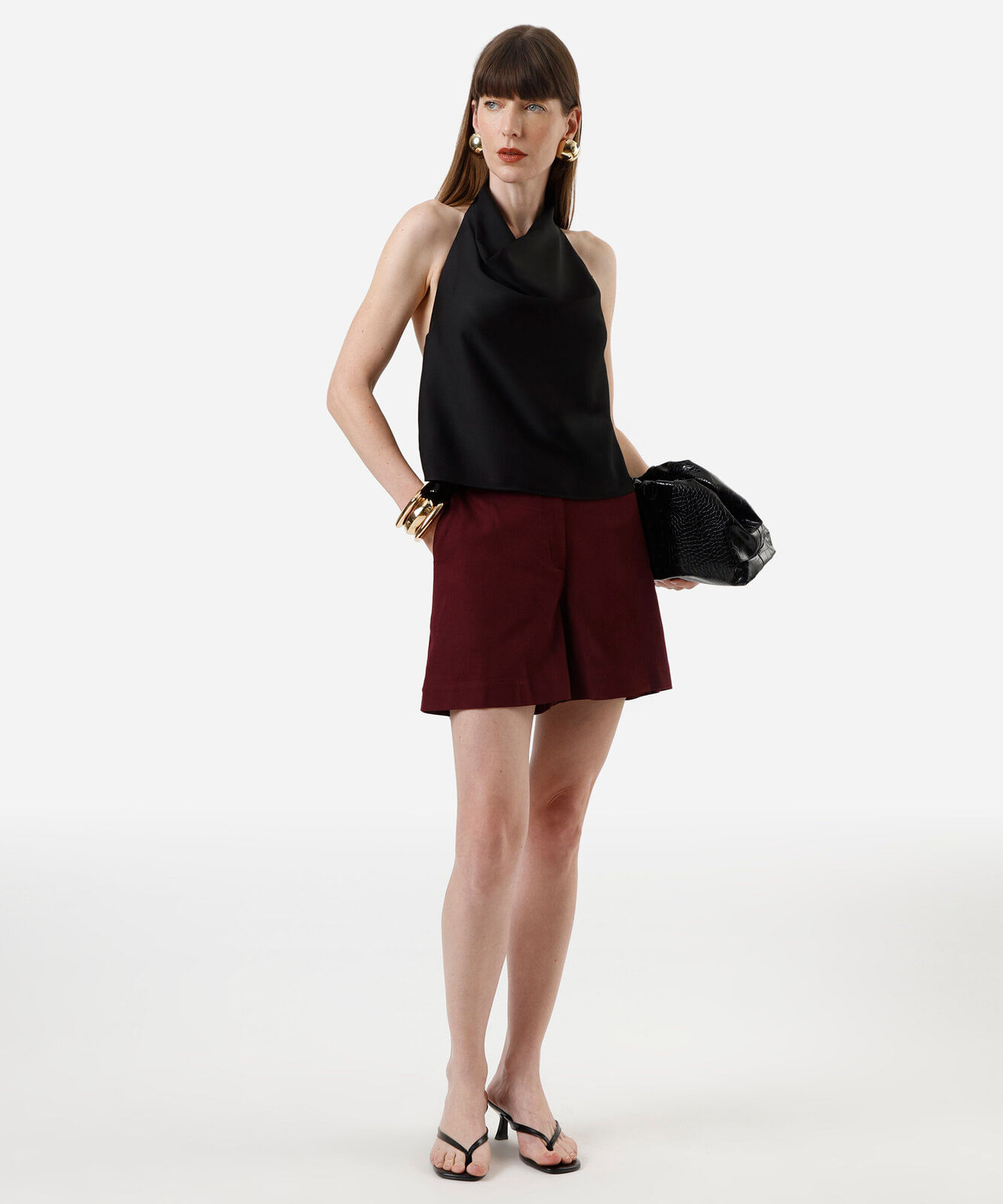 bermuda de alfaiataria feminina com linho vinho