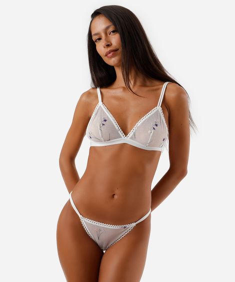 calcinha biquíni feminina de tule com bordado floral off white