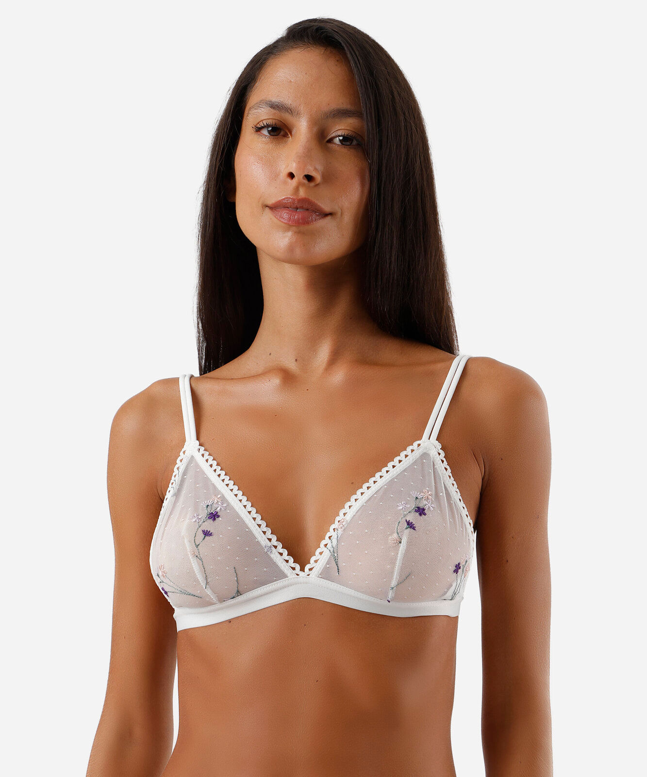 sutiã triângulo feminino de tule com bordado floral off white