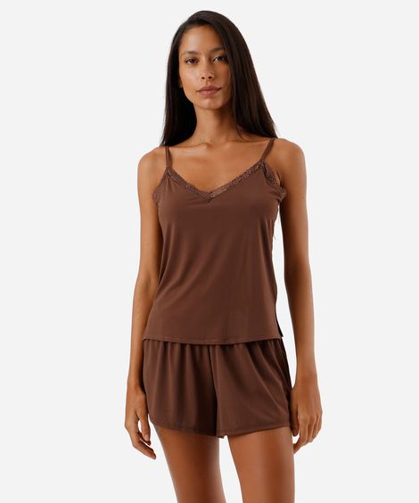 pijama short doll feminino alça fina com renda marrom