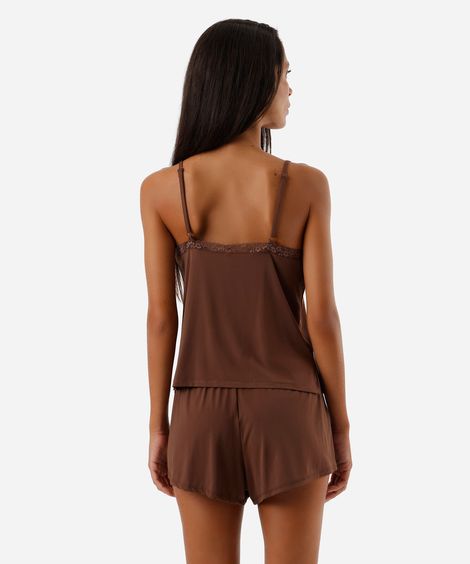 pijama short doll feminino alça fina com renda marrom