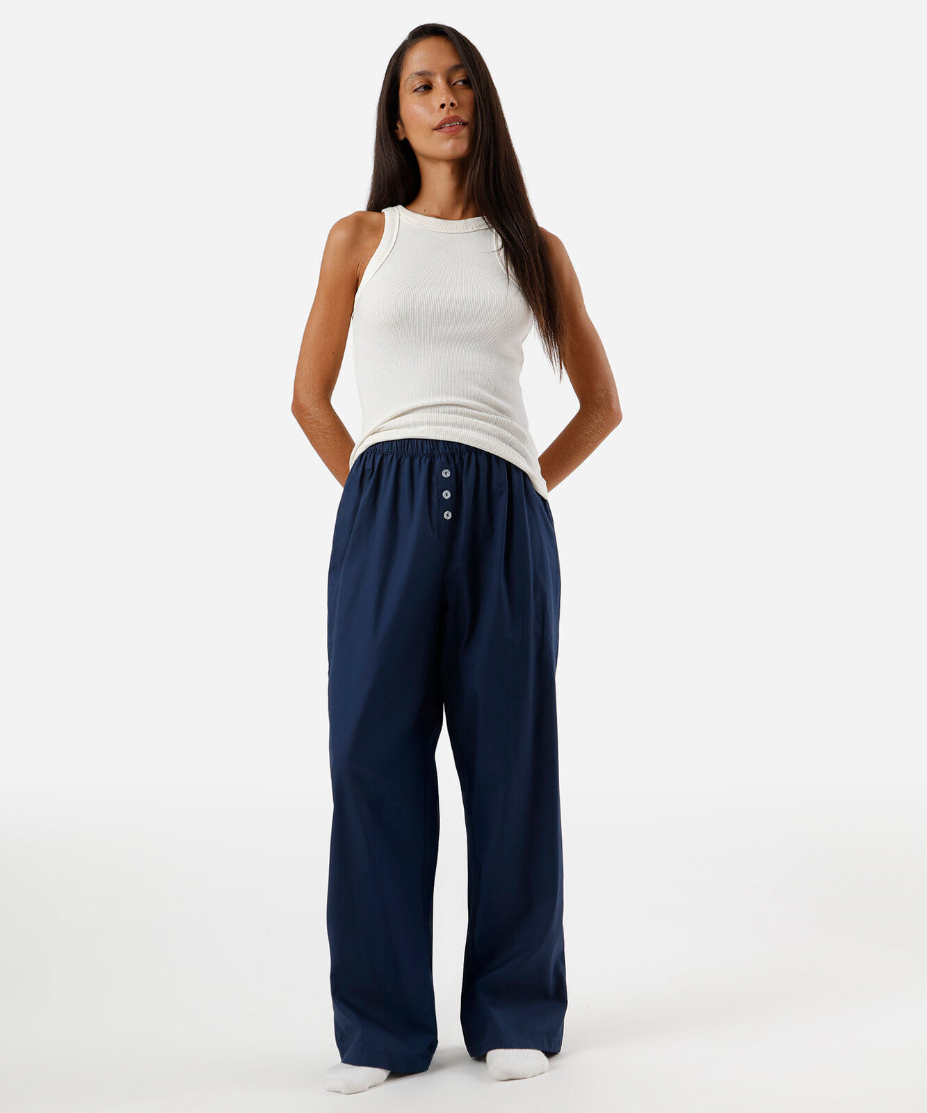 calça feminina de pijama em algodão com botões azul