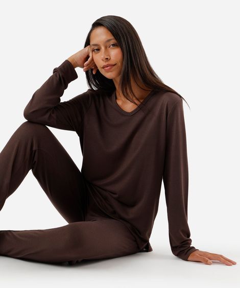 pijama de tricot manga longa marrom