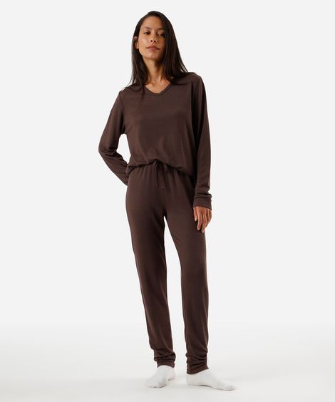 pijama de tricot manga longa marrom