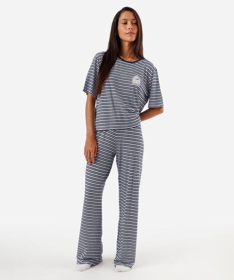 pijama longo feminino de viscose stitch listrado azul