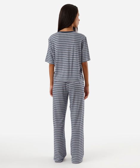 pijama longo feminino de viscose stitch listrado azul