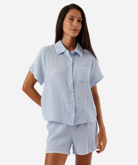 pijama americano feminino de algodão com bordado texturizado azul