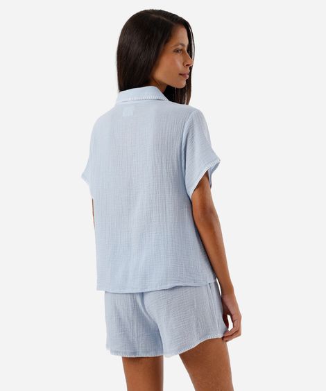 pijama americano feminino de algodão com bordado texturizado azul