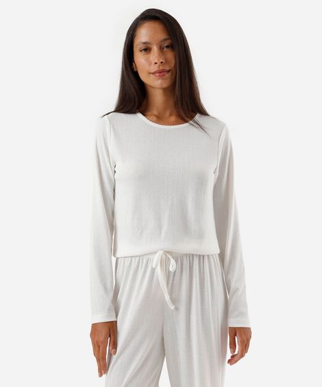 blusa de pijama avulsa feminina manga longa texturizada off white
