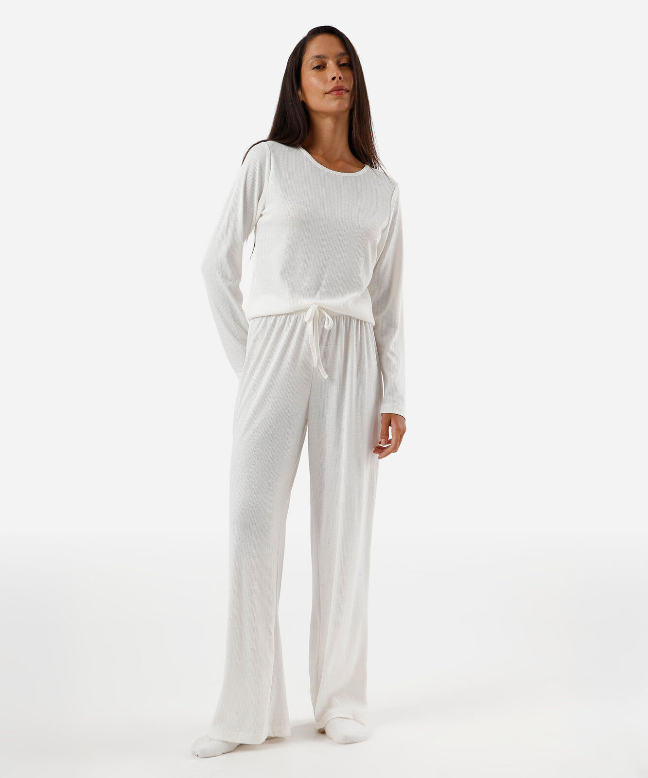 blusa de pijama avulsa feminina manga longa texturizada off white
