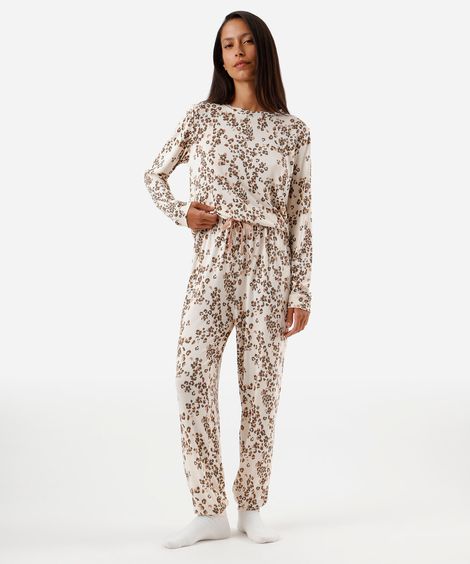 pijama longo feminino floral bege