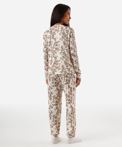 pijama longo feminino floral bege