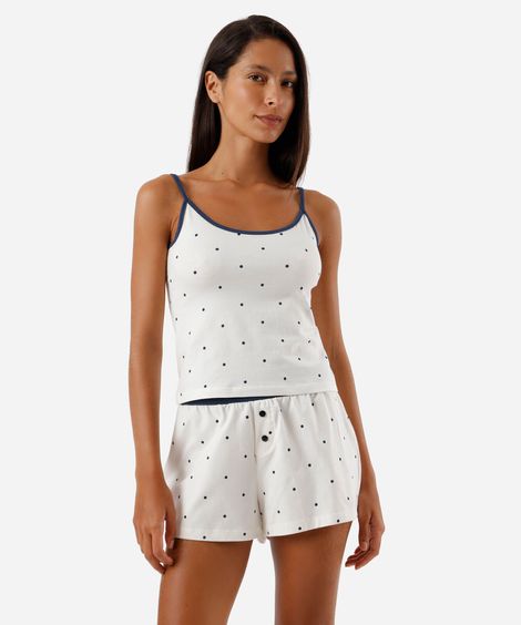 pijama short doll feminino de algodão poá off white