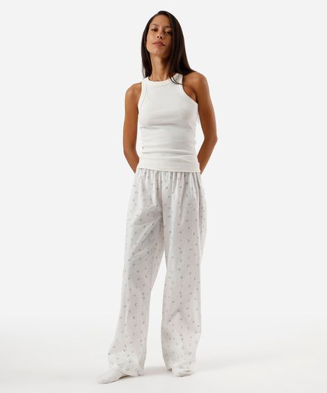 calça de pijama avulsa feminina em algodão floral off white