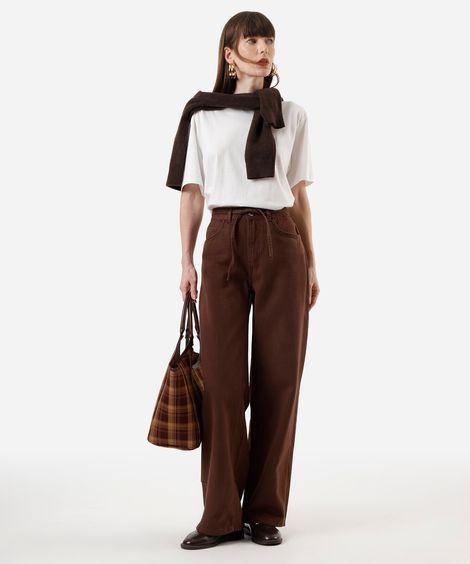 calça oversized feminina de sarja cintura média marrom