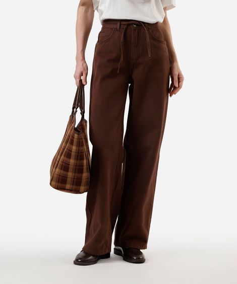 calça oversized feminina de sarja cintura média marrom