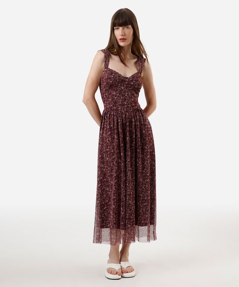 vestido midi feminino de tule floral marrom
