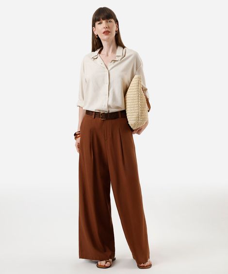 calça pantalona feminina com linho e pregas marrom