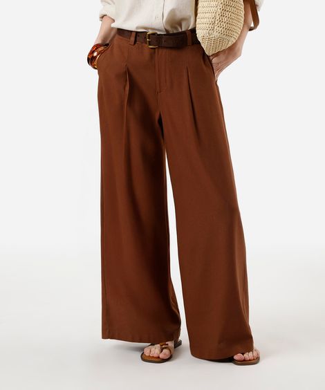 calça pantalona feminina com linho e pregas marrom