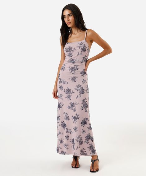 vestido longo alça fina feminino de tule com franzido floral rosa