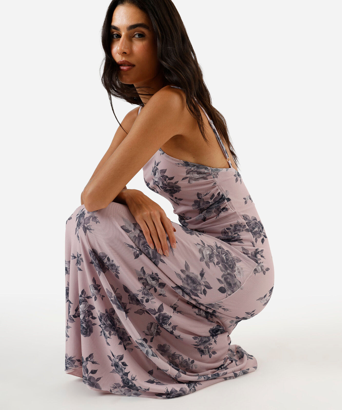 vestido longo alça fina feminino de tule com franzido floral rosa