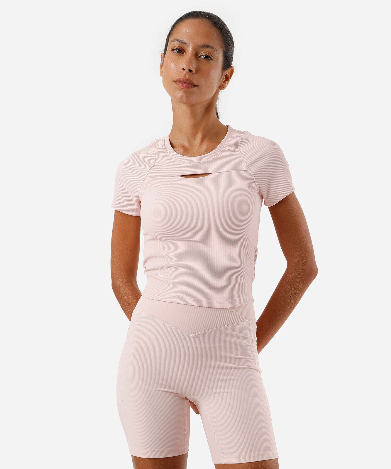 blusa feminina cropped canelada esportiva - rosa claro
