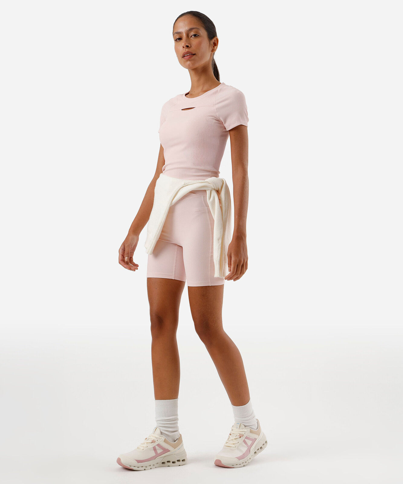 blusa feminina cropped canelada esportiva - rosa claro