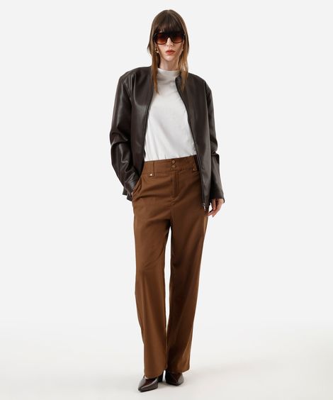 calça feminina em alfaiataria com linho e passante largo marrom