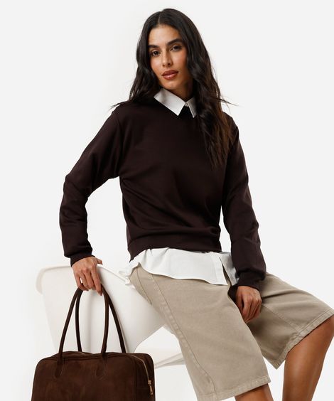 blusão básico alongado feminino de moletom com recorte marrom