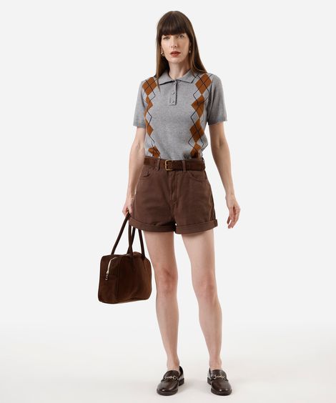 short mom feminino de sarja marrom