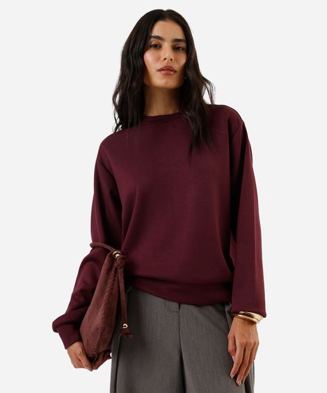 blusão básico alongado feminino de moletom com recorte vinho