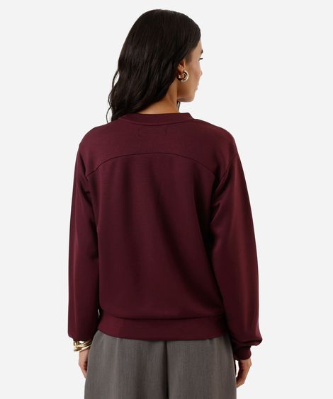 blusão básico alongado feminino de moletom com recorte vinho