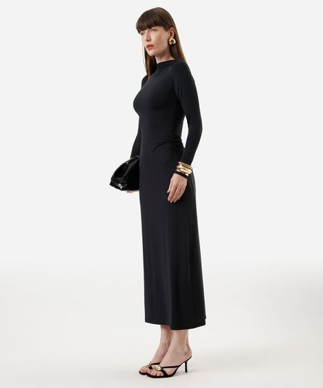 vestido longo feminino manga longa franzido preto