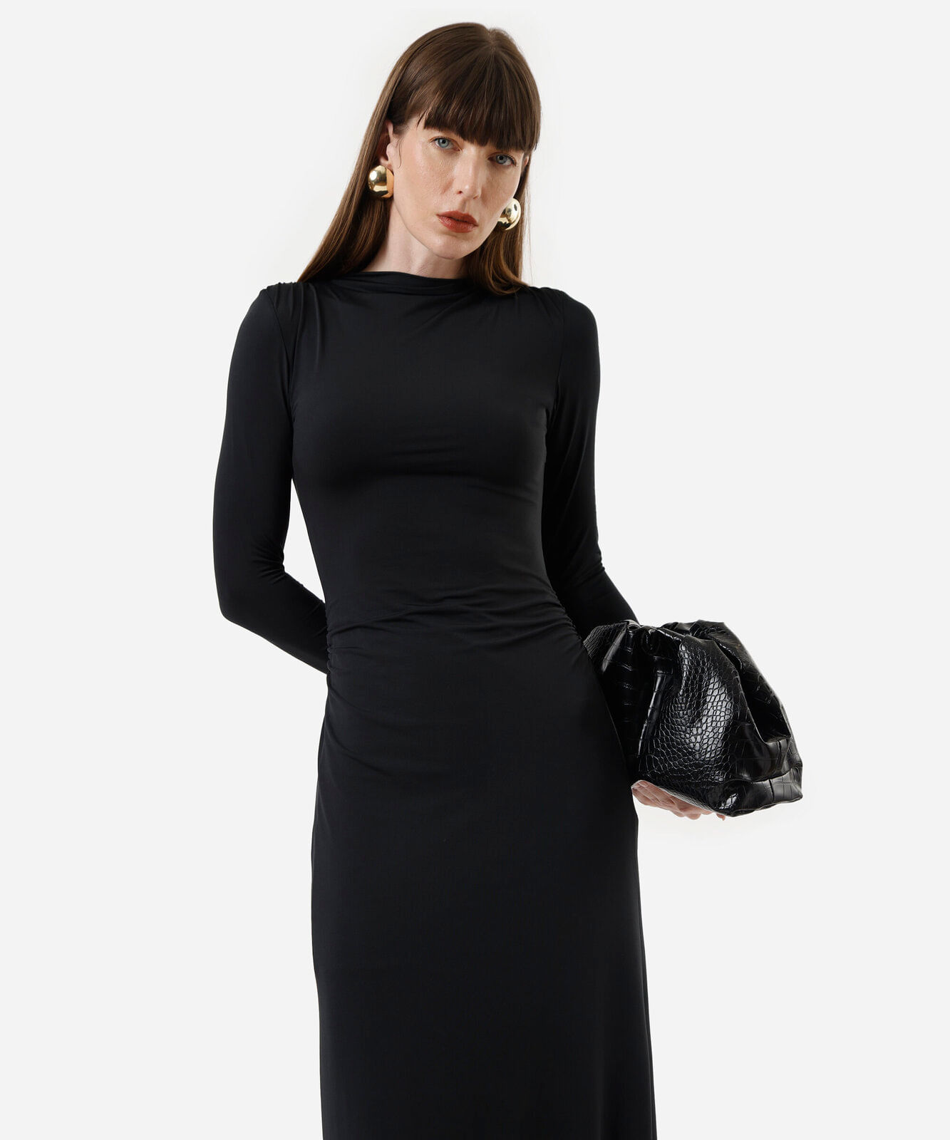vestido longo feminino manga longa franzido preto