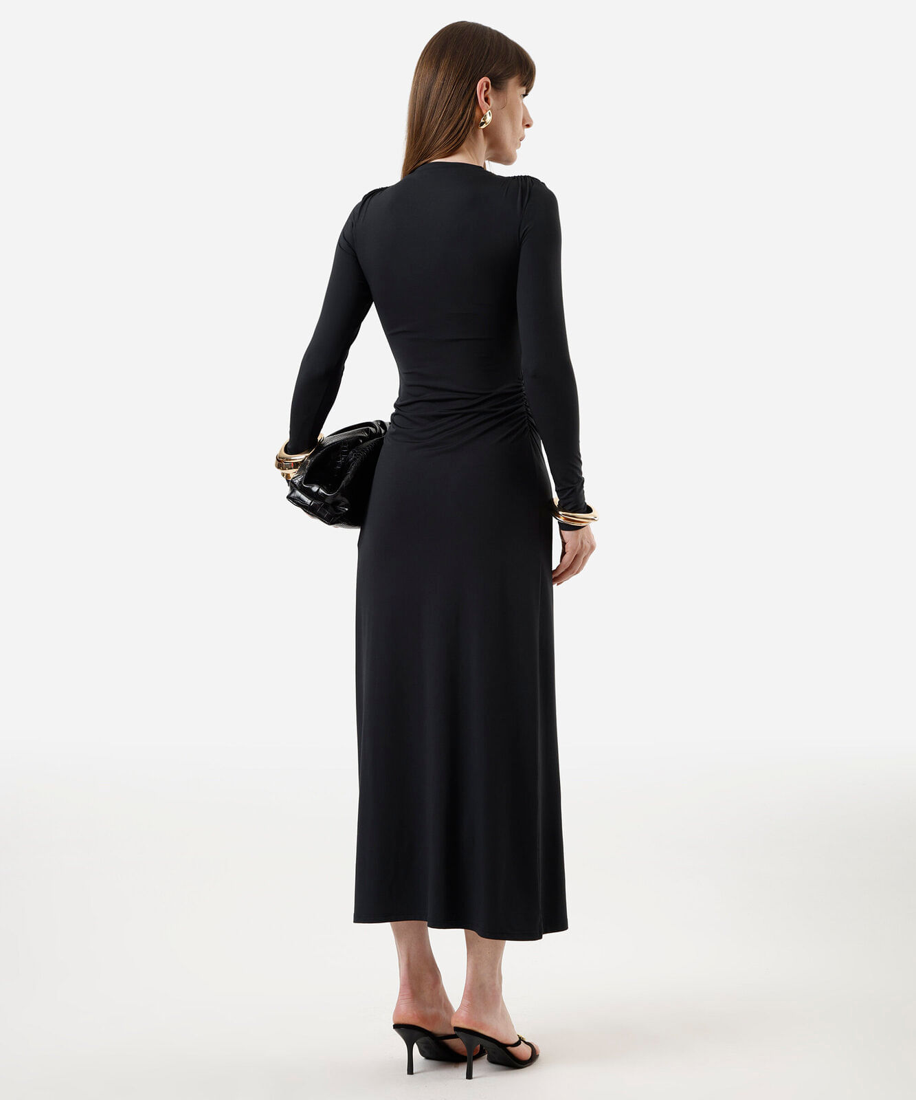 vestido longo feminino manga longa franzido preto