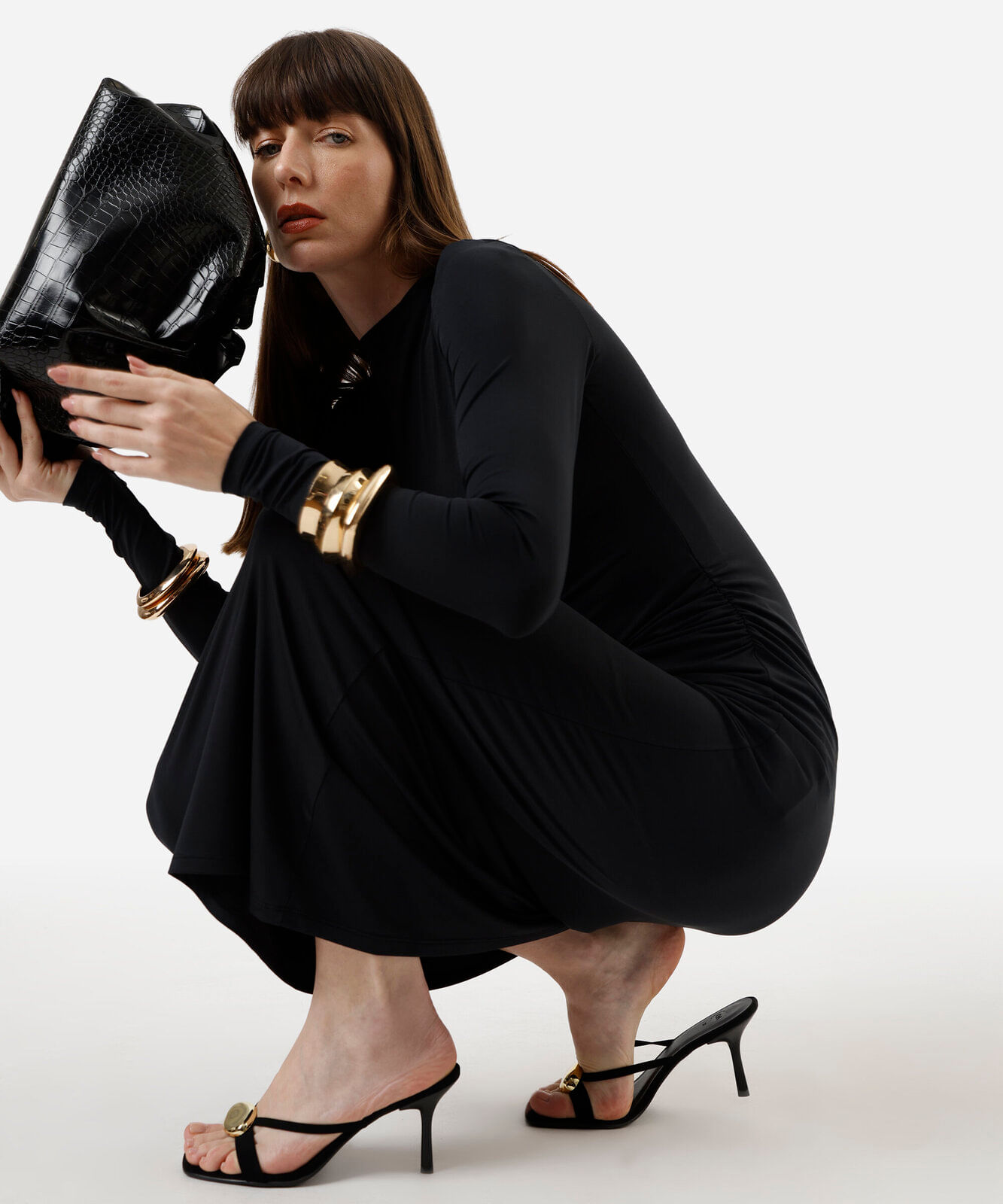 vestido longo feminino manga longa franzido preto