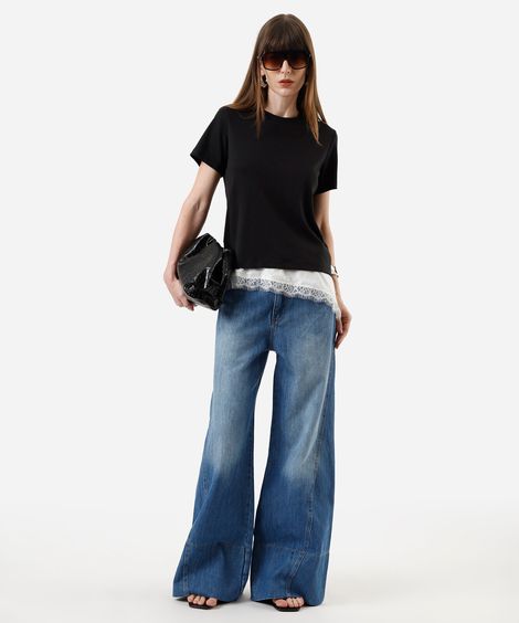 calça wide leg feminina jeans com recortes azul
