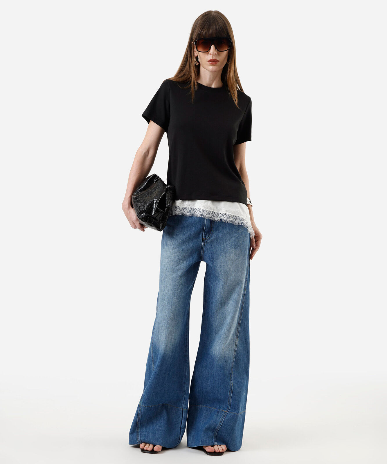 calça wide leg feminina jeans com recortes azul
