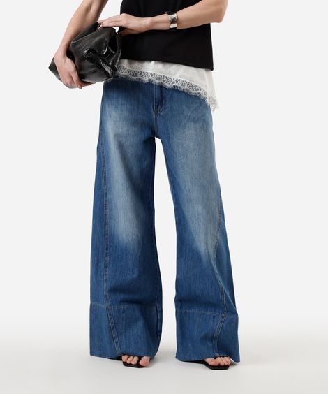 calça wide leg feminina jeans com recortes azul