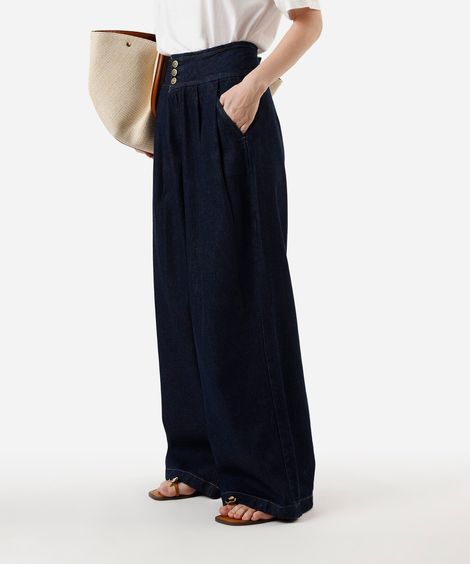 calça pantalona feminina jeans com pregas azul