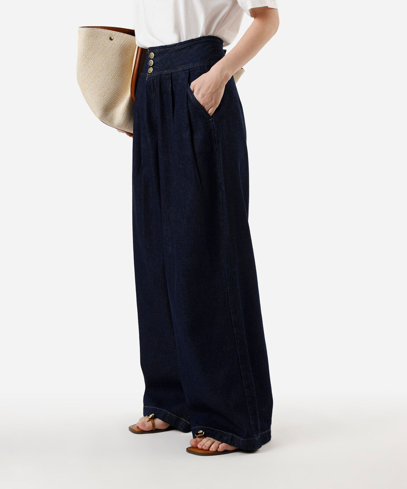 calça pantalona feminina jeans com pregas azul