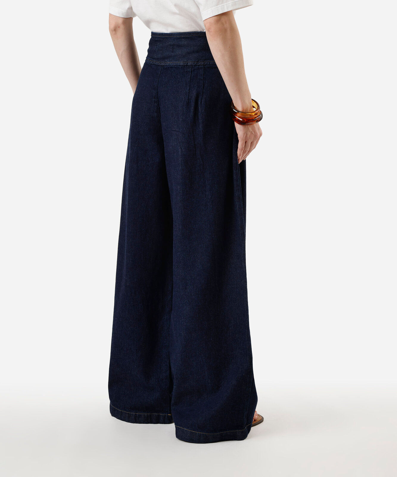 calça pantalona feminina jeans com pregas azul