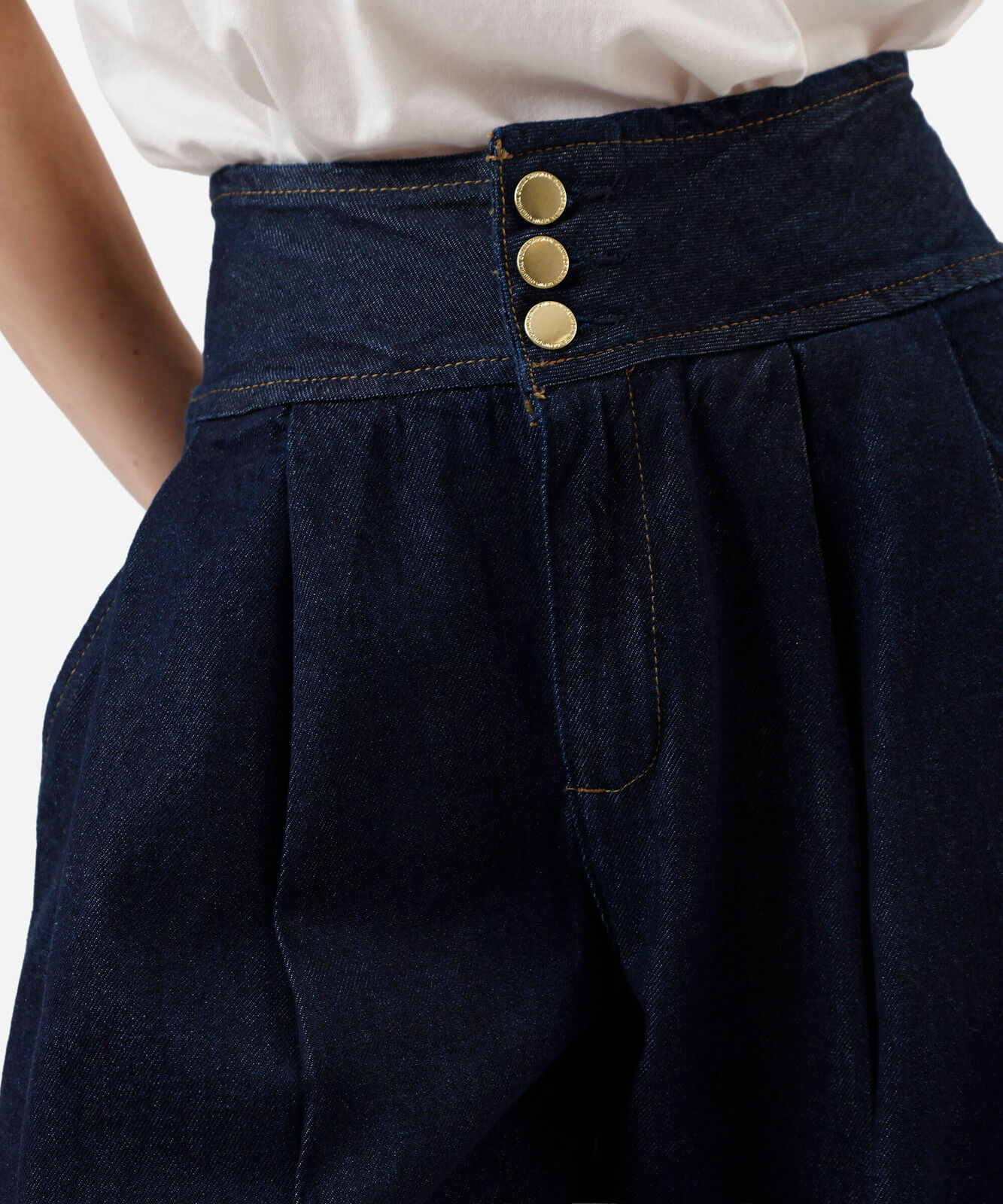 calça pantalona feminina jeans com pregas azul