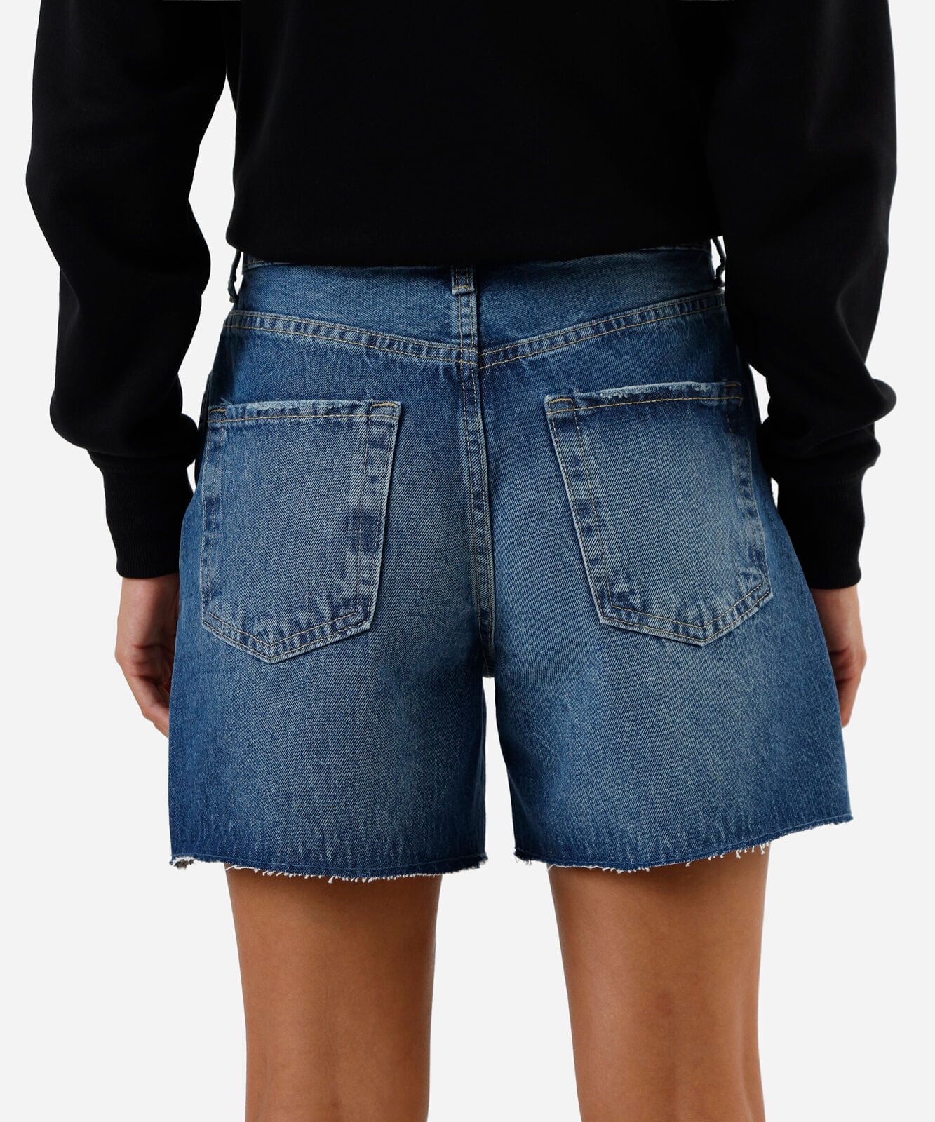 short midi jeans mom cintura super alta barra fio azul