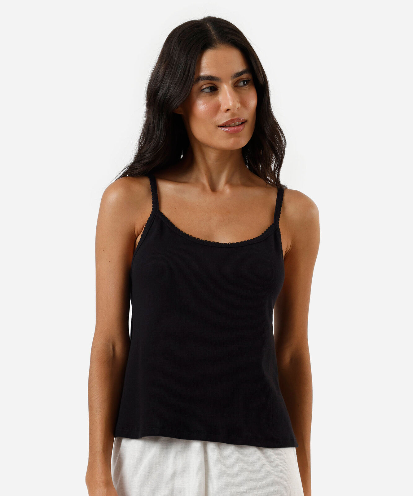 regata de pijama feminina com algodão alça fina canelada preta