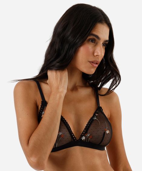 sutiã triângulo feminino de tule com bordado floral preto