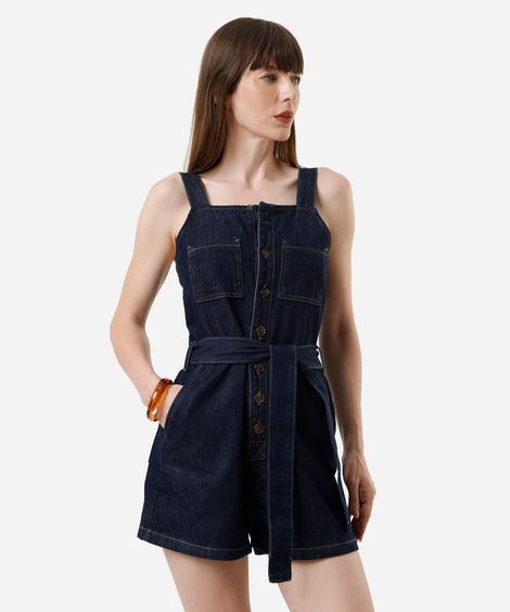 macaquinho feminino jeans com faixa azul