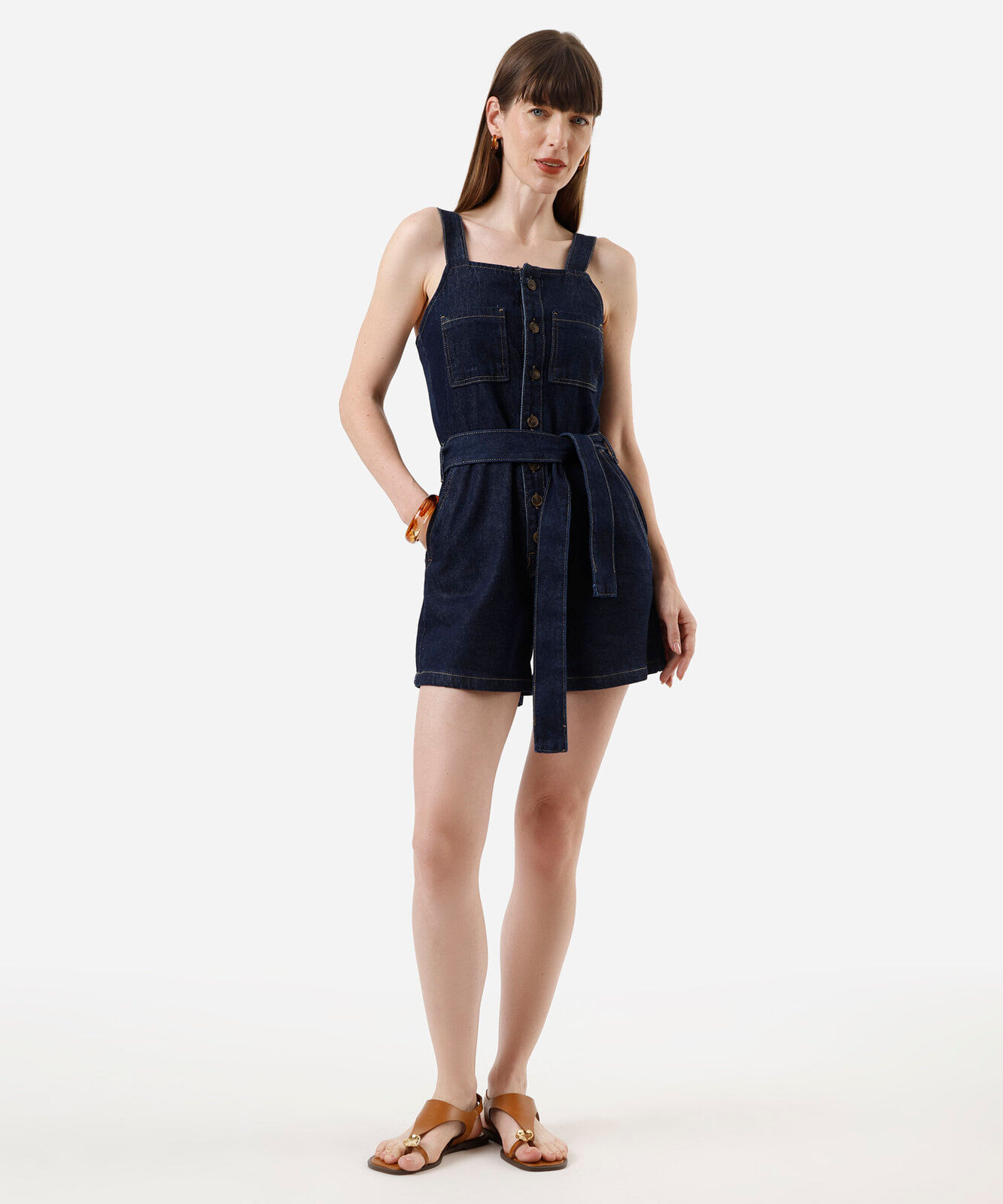macaquinho feminino jeans com faixa azul